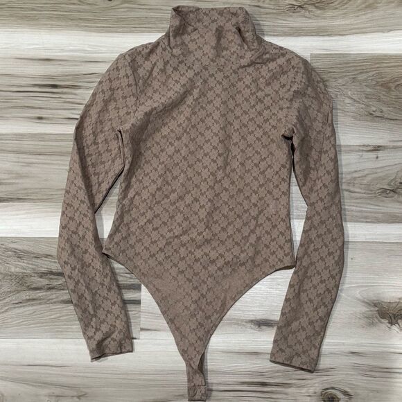 Open Edit Tan Lace Floral One Piece Mock Neck Bodysuit Women's Small - Picture 1 of 5